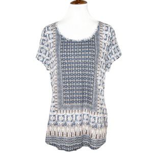 Lucky Brand Geometric Blue White Boho Mixed Media Printed Short Sleeve Knit Tee